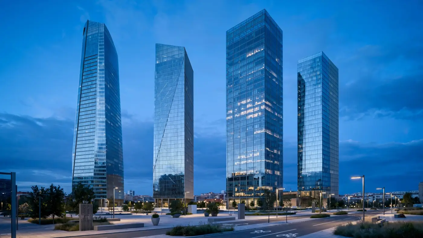 Distrito financiero de Madrid, torres de negocios al atardecer