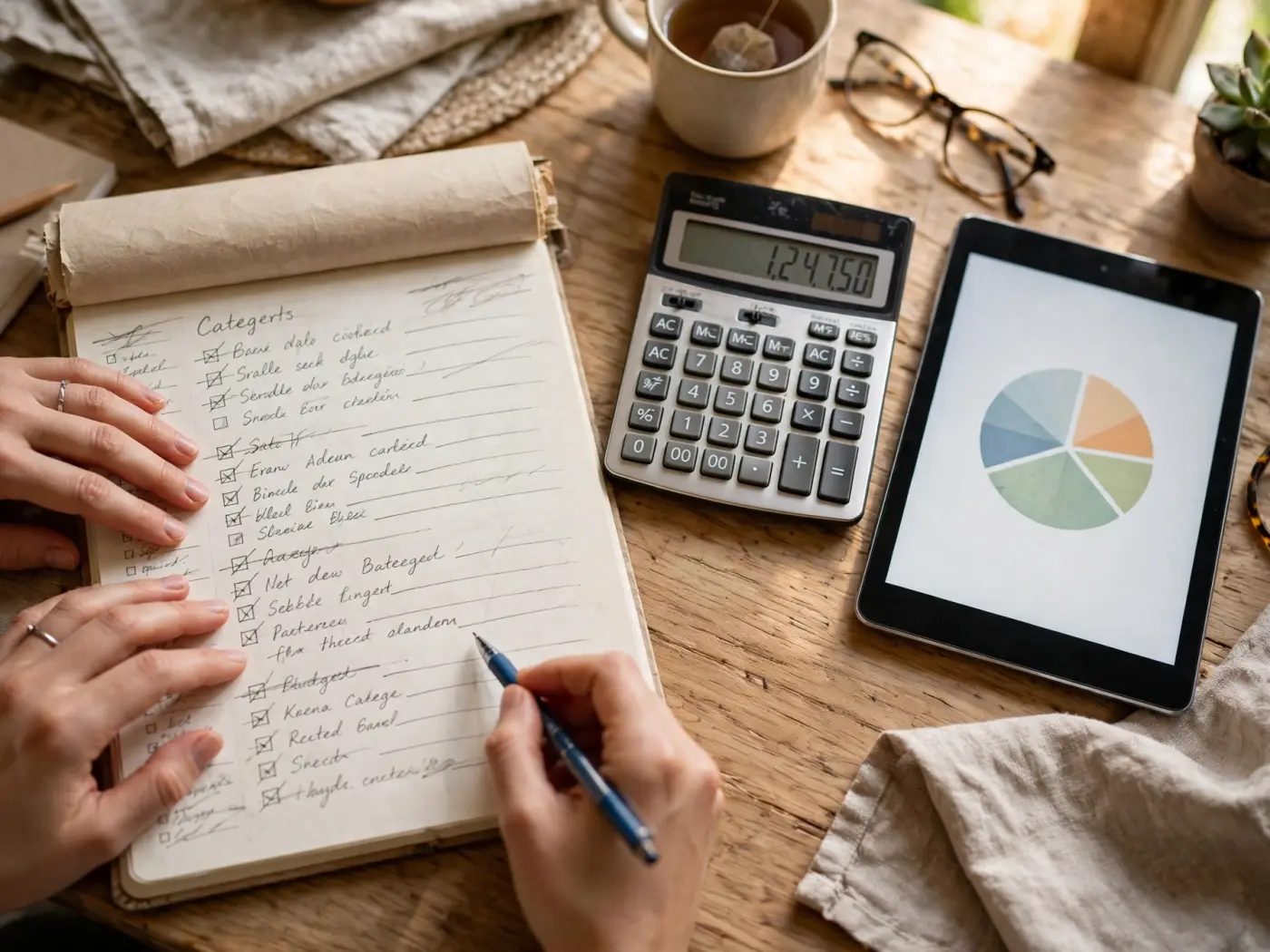 Planificación del presupuesto familiar con calculadora y agenda