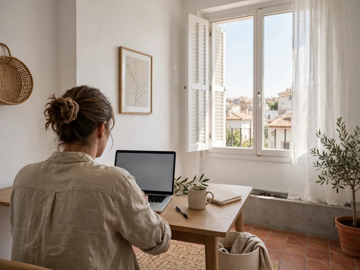 Persona trabajando en un portátil en un apartamento luminoso