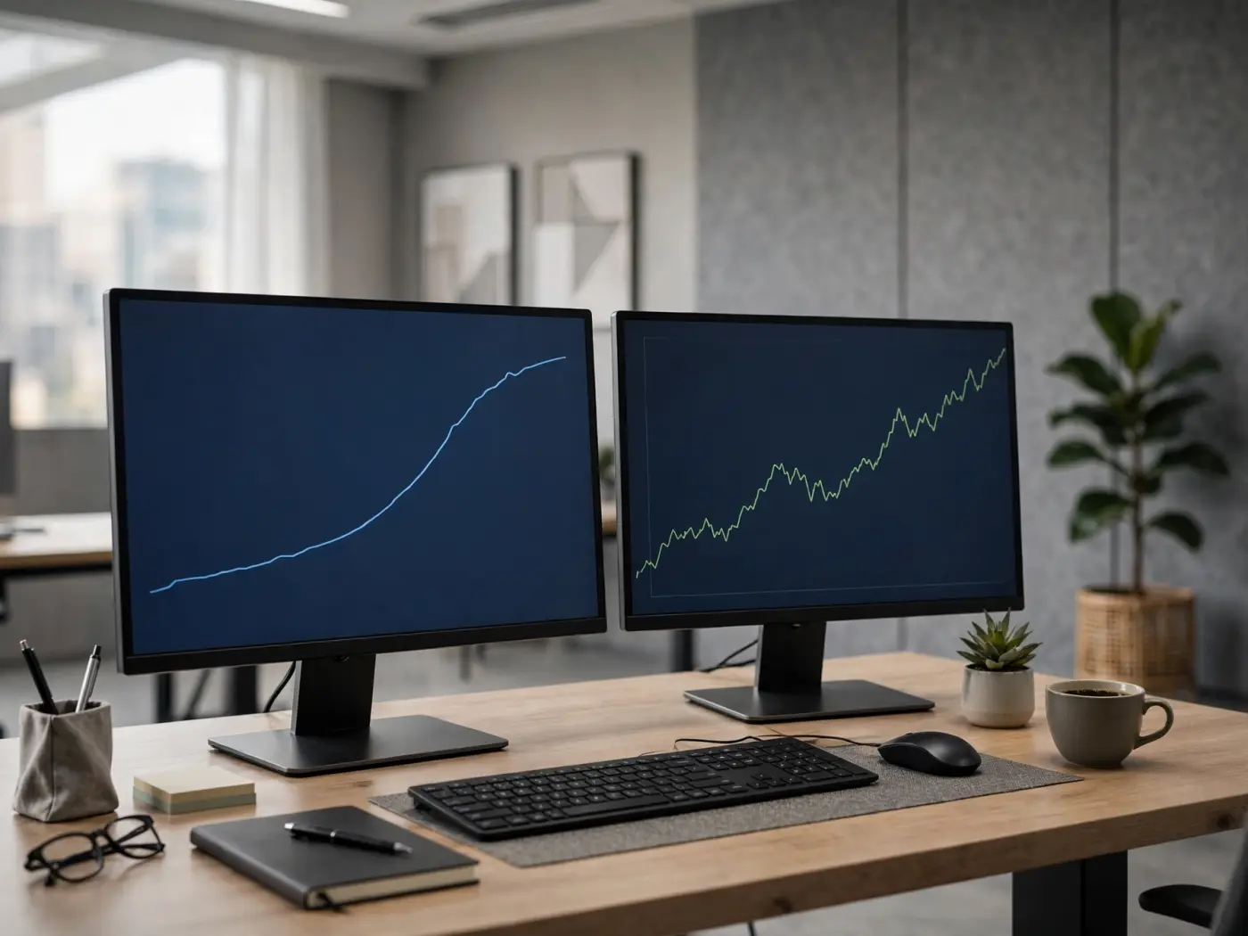 Espacio de trabajo con monitores mostrando gráficos conceptuales