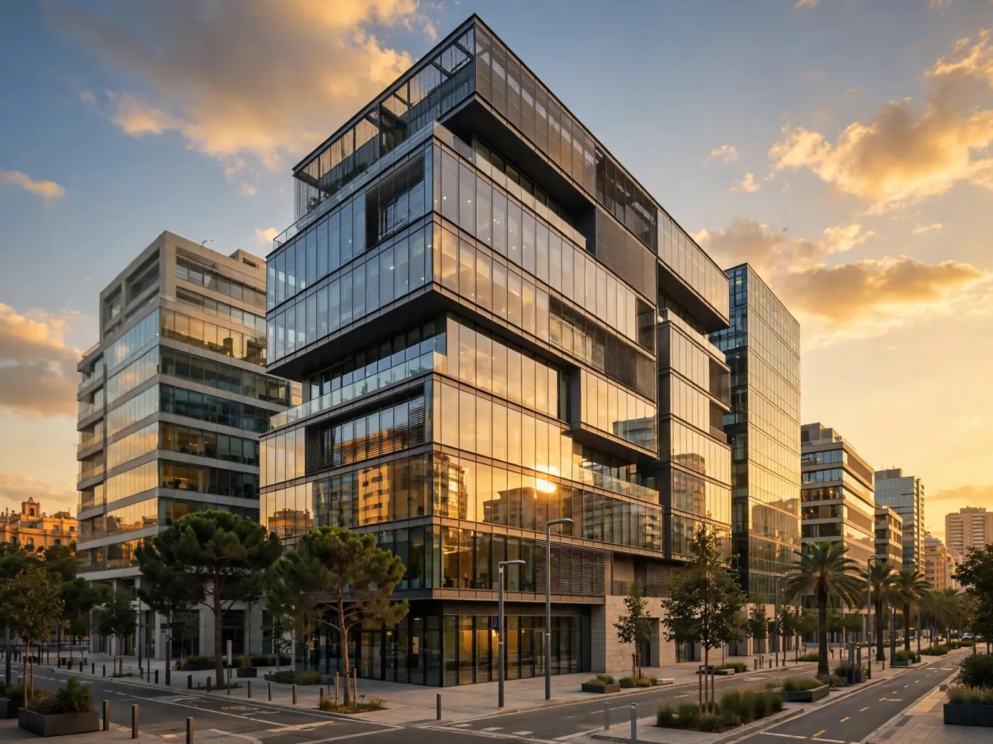 Fachada de edificio de oficinas moderno en distrito financiero